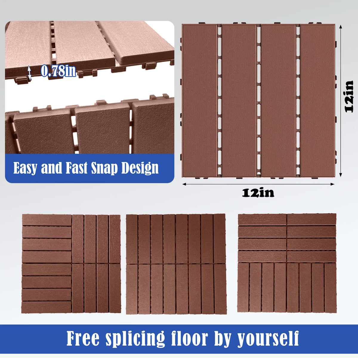 Interlocking Deck Tiles, 44 Pack Plastic Waterproof Outdoor Flooring, Dark Brown B403