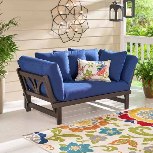 Convertible Wood Outdoor Sofa with Blue Cushions U88153