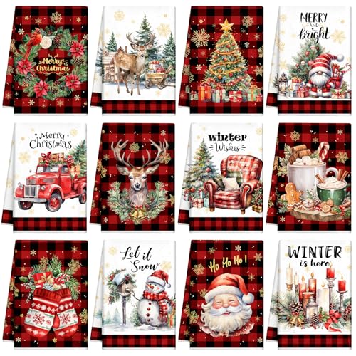 12 Pcs Christmas Kitchen Towels and Dishcloths 14.2 x 21.3 Inch Q5745