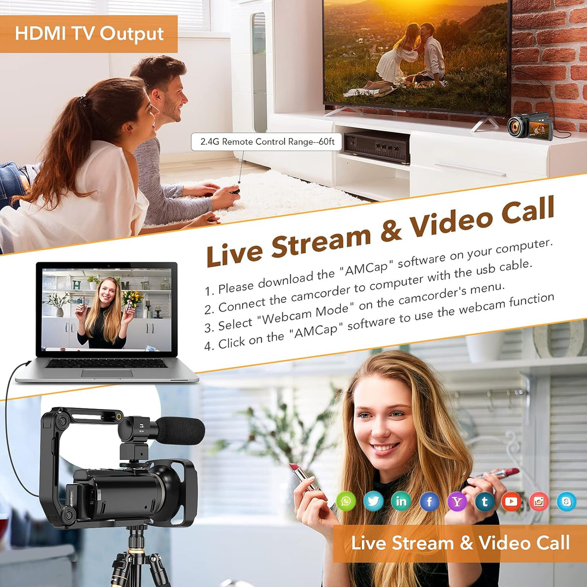 4K 60FPS 48MP Camcorder with Microphone and 2 Batteries V549315