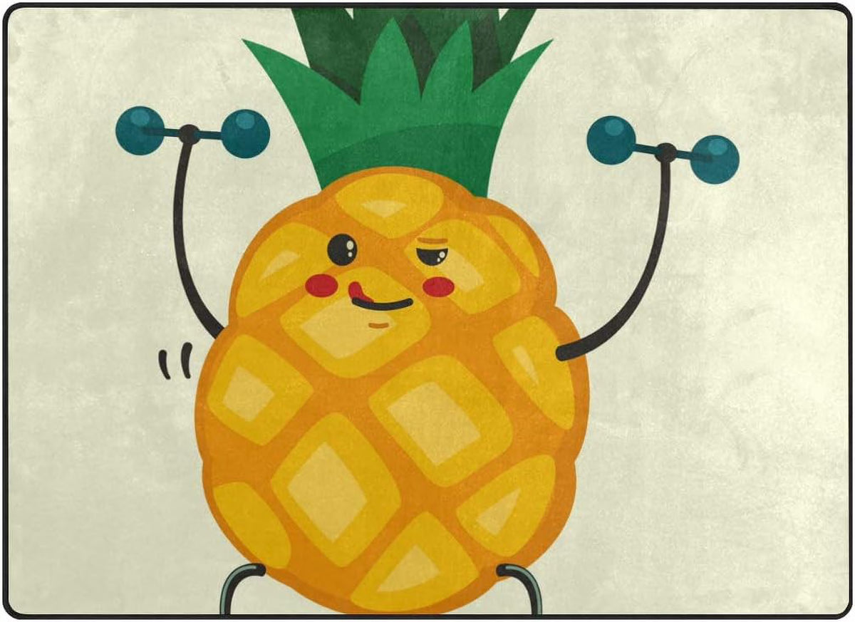 Cute Pineapple Doing Exercises with Dumbbells Lightweight Carpet Mats, 6'8" x 4'10" Area Soft Rugs Floor Mat Rug E563399