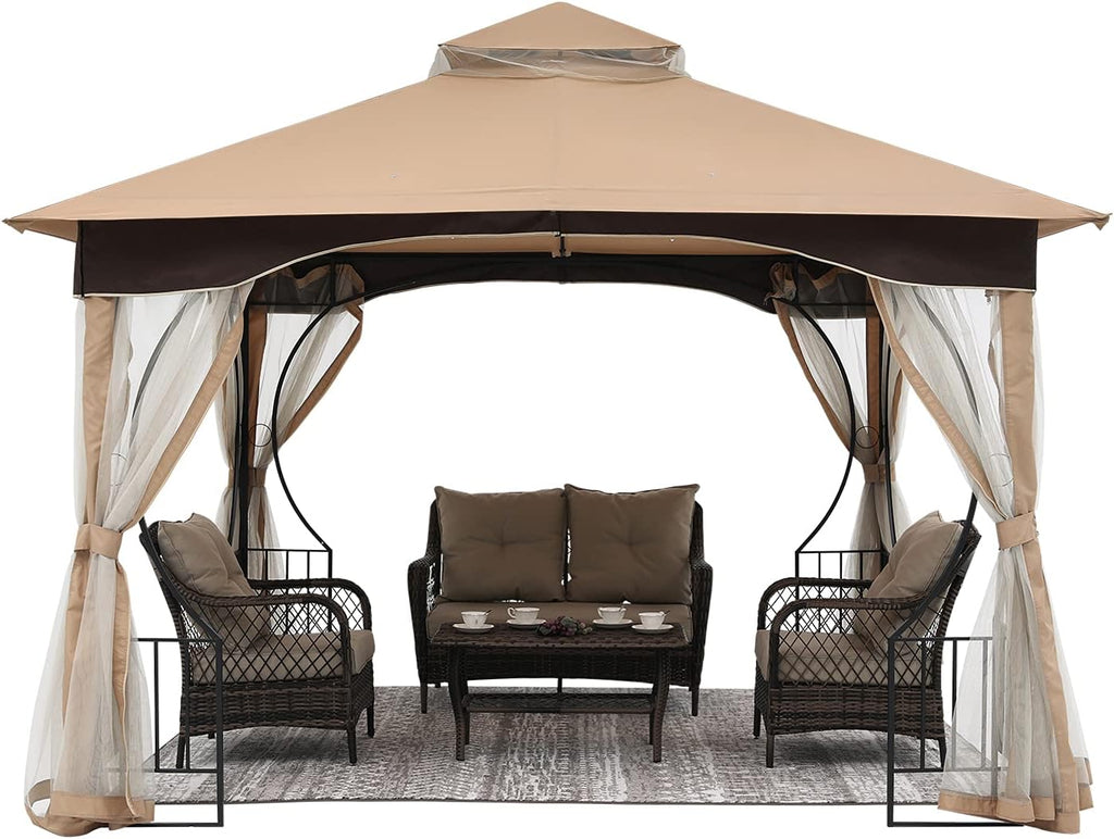 Beige Patio Gazebo with Netting Screen Walls J206189
