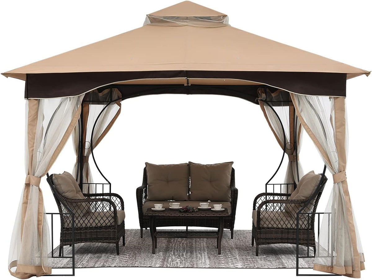 Beige Patio Gazebo with Netting Screen Walls J206189