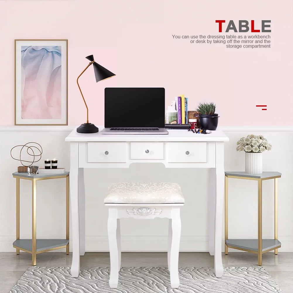 White Vanity Table Set with 5 Drawers and Cushioned Stool V84726