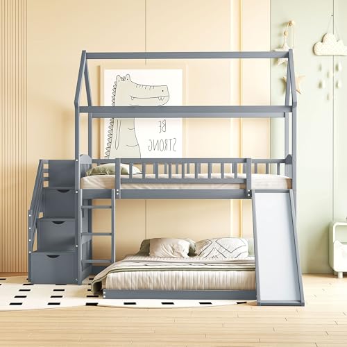 Twin Over Full Size Wood House Bunk Bed with Slide and Storage Steps Z160