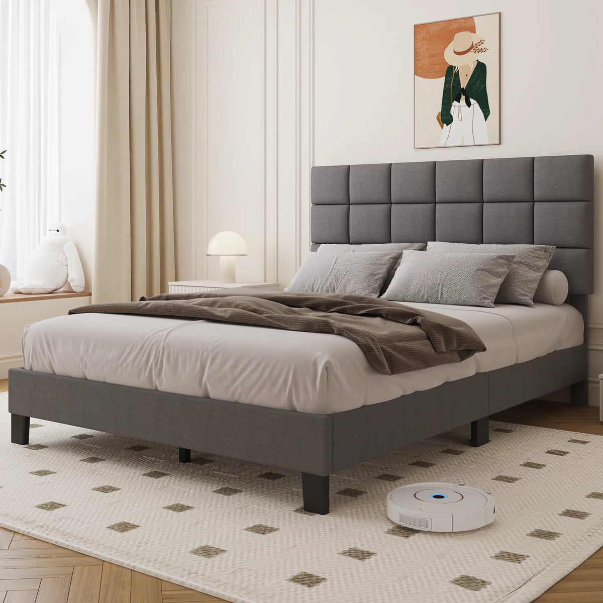 Queen Size Upholstered Bed Frame with Adjustable Headboard S894445