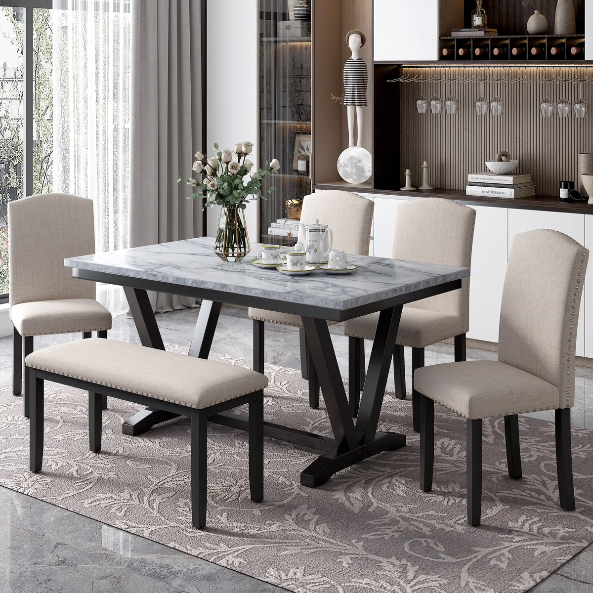 6-piece Dining Table with 4 Chairs & 1 Bench, White E52212