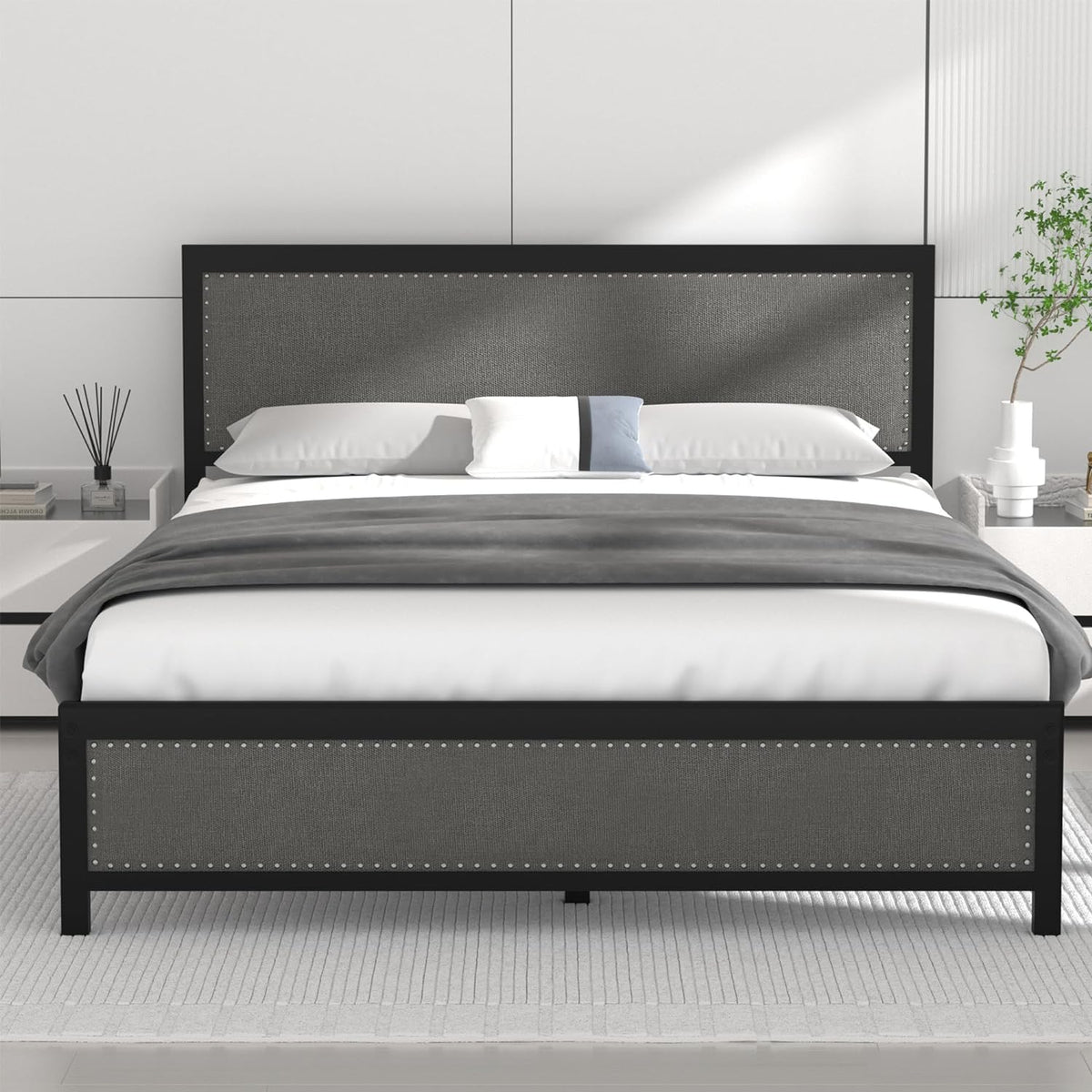 Twin Bed Frame with Upholstered Linen Headboard and Footboard P65328