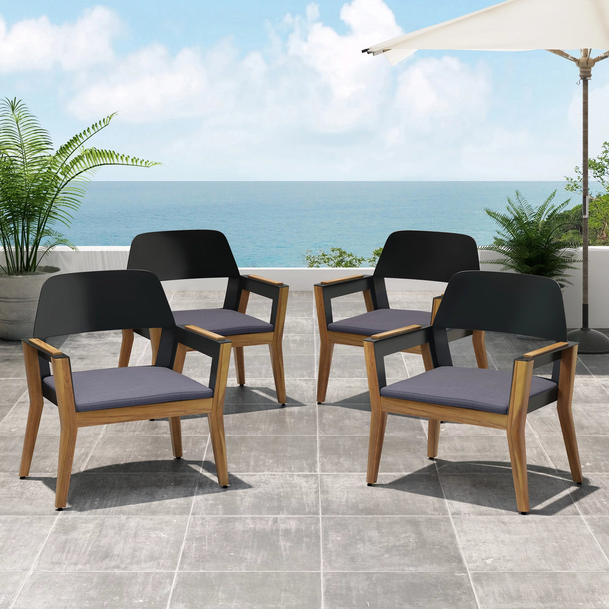 Acacia Wood Club Chairs with Cushion, Set of 4 V593