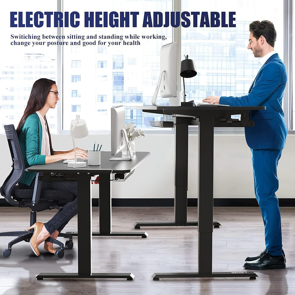 Adjustable Height Electric Standing Desk with Solid One-Piece Desktop, 48'' x 24'', Black J5984