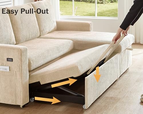Beige Corduroy L Shaped Sleeper Sofa with Storage Chaise R116