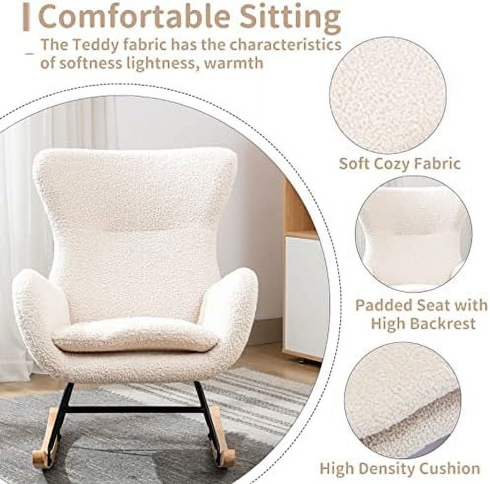 White Velvet Upholstered Glider Rocker Accent Chair with Side Pocket S496