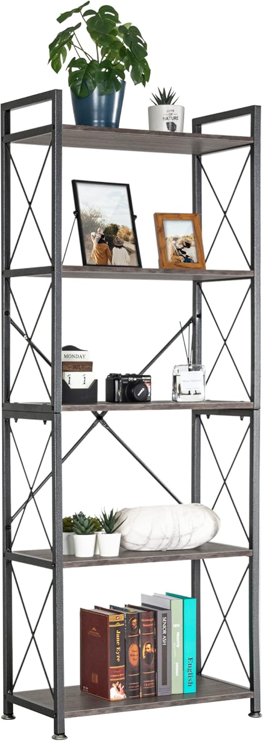 5 Tier Rustic Wood and Metal Bookshelf V900
