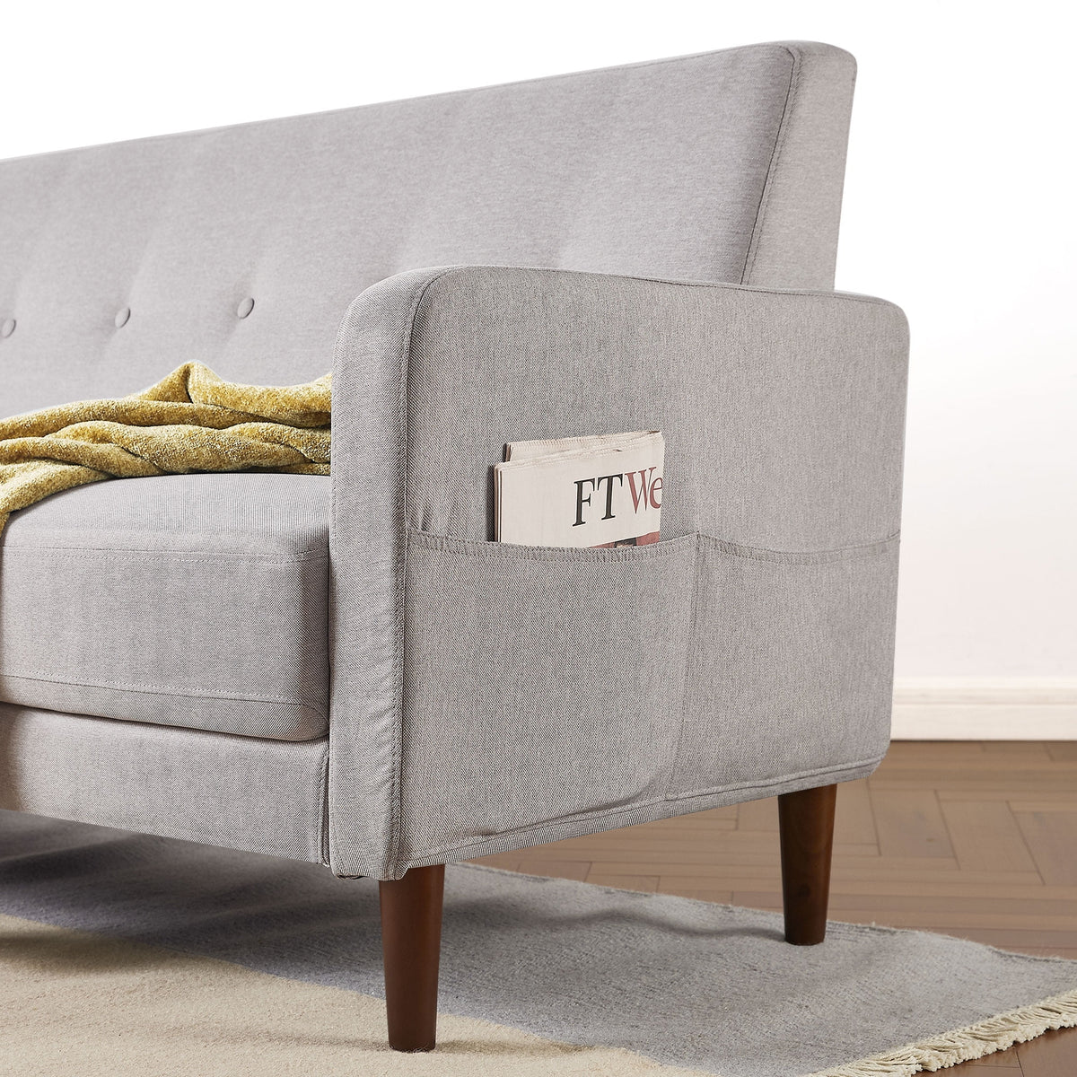 Light Grey Fabric Loveseat with Armrest Pockets L295