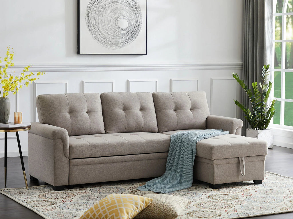 Linen Reversible Sleeper Sectional Sofa with Storage Chaise D615048
