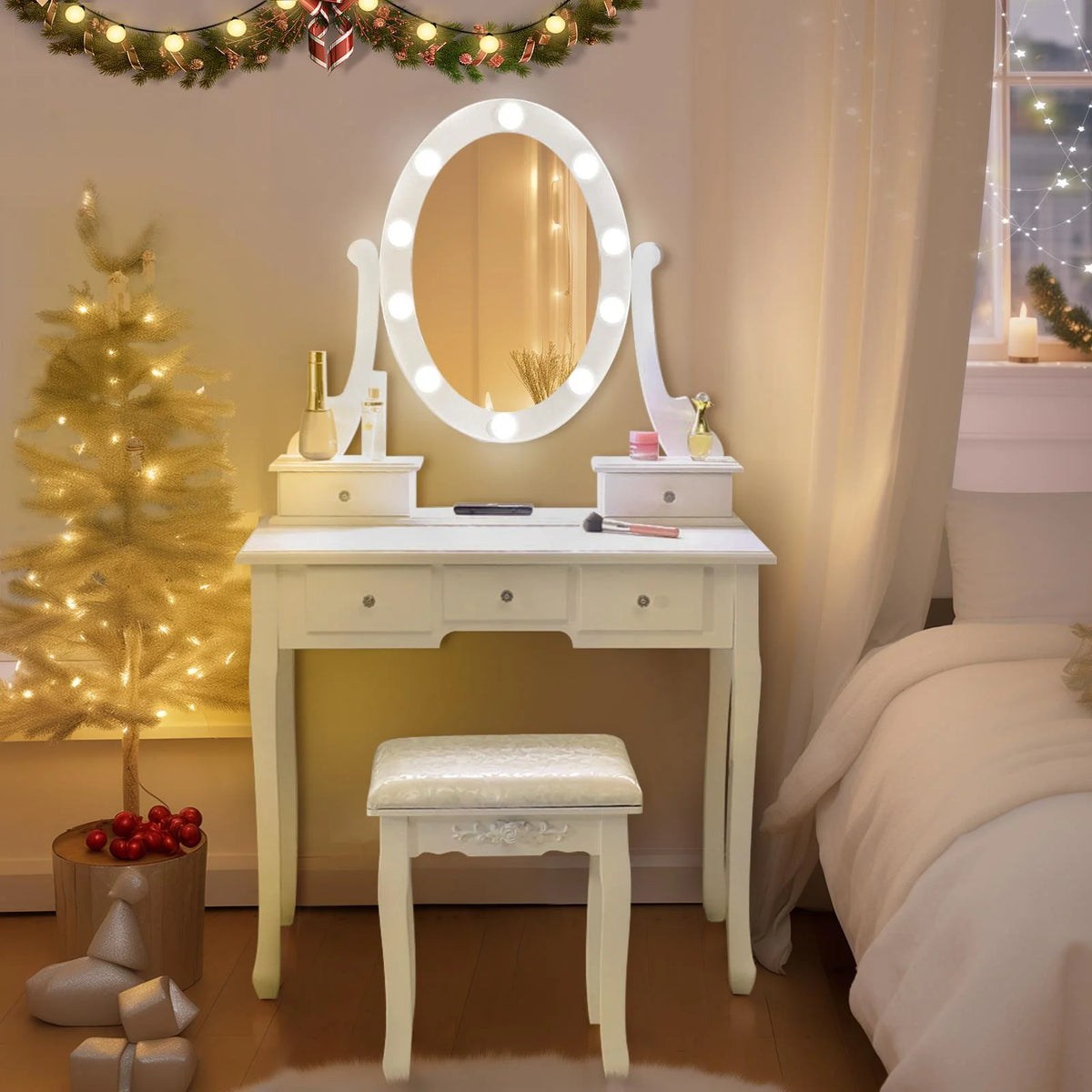 White Vanity Table Set with 5 Drawers and Cushioned Stool V84726