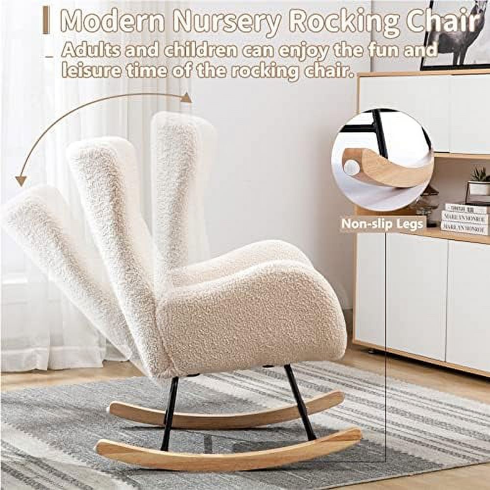 White Velvet Upholstered Glider Rocker Accent Chair with Side Pocket S496