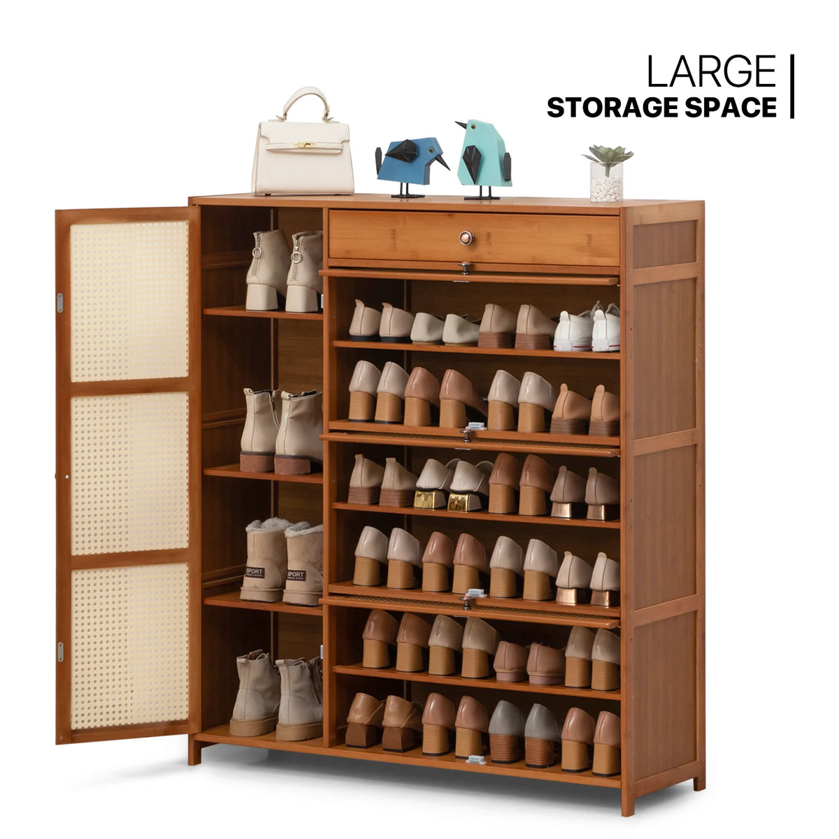 Bamboo 28 Pairs Shoe Cabinet with Rattan Doors and Boots Compartments I791