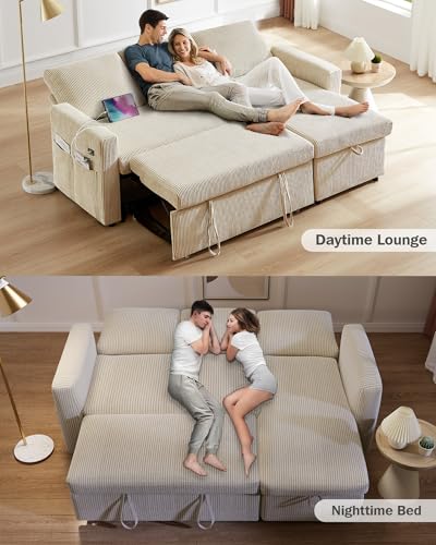 Beige Corduroy L Shaped Sleeper Sofa with Storage Chaise R116