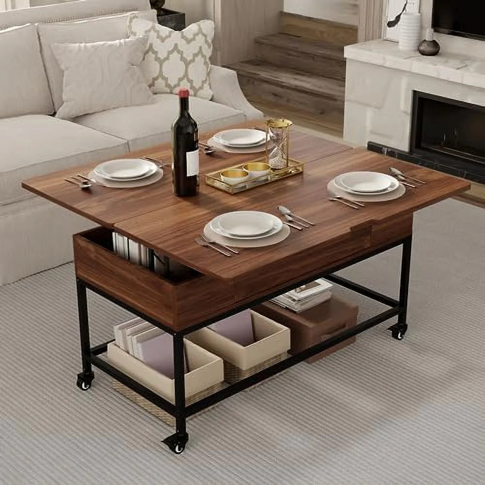 Lift Top Folding Coffee Table with Drawer Metal Frame D623