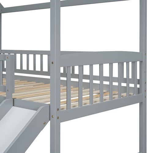 Twin Over Full Size Wood House Bunk Bed with Slide and Storage Steps Z160