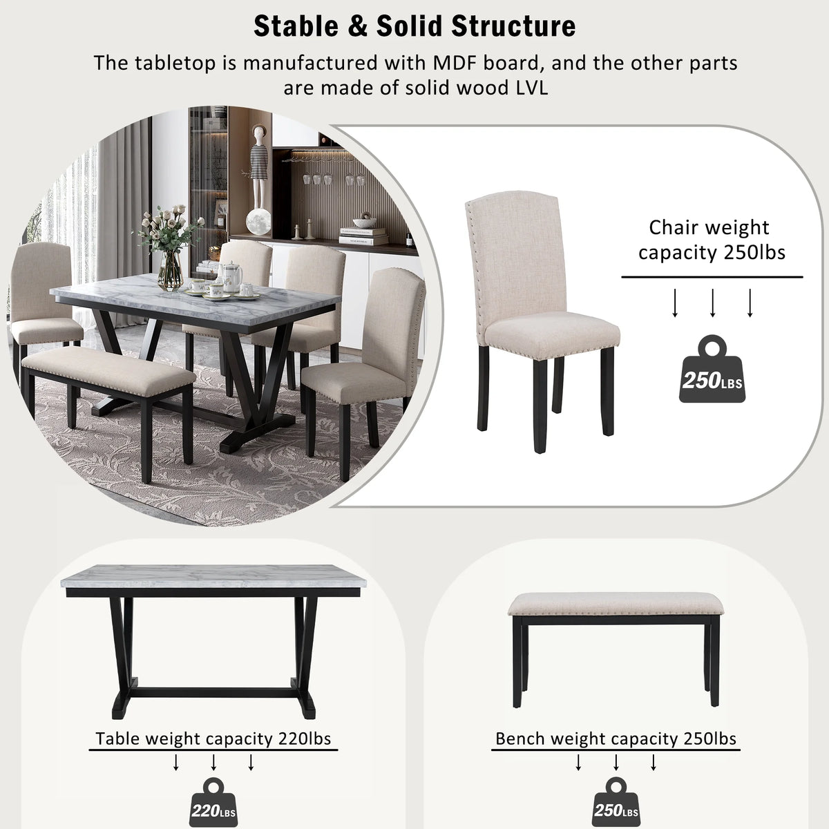 6-piece Dining Table with 4 Chairs & 1 Bench, White E52212