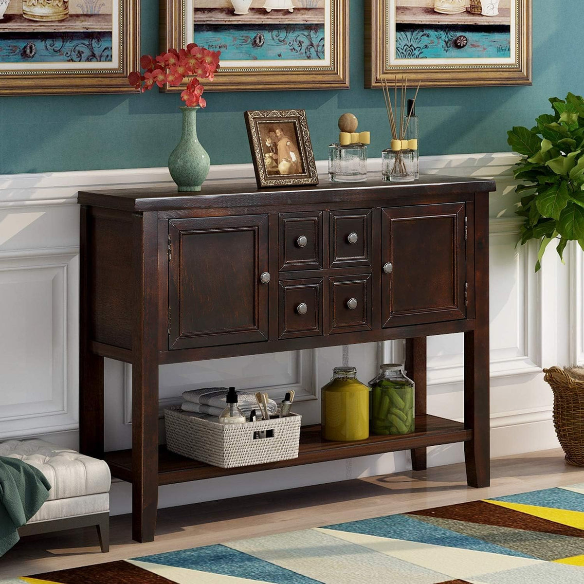 Antique Gray Console Sofa Table with Storage Drawers C1137