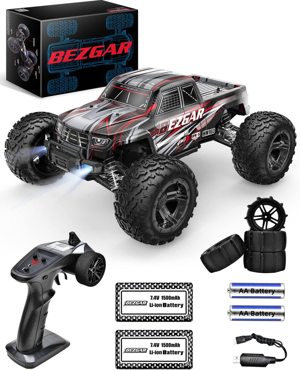 Remote Control Truck 4WD Waterproof RC Car with 2 Rechargeable Batteries H630