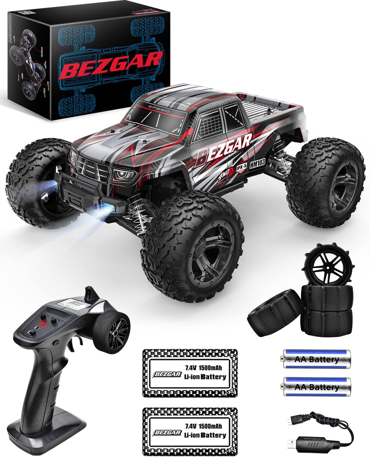Remote Control Truck 4WD Waterproof RC Car with 2 Rechargeable Batteries H630