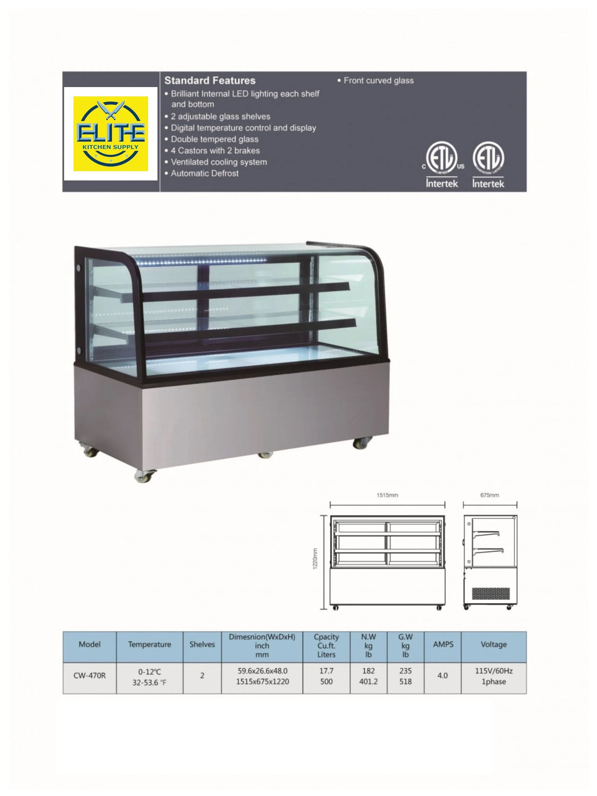 60 in. Double Tempered Glass Bakery Refrigerator Case 17.7 Cu. ft. I350408