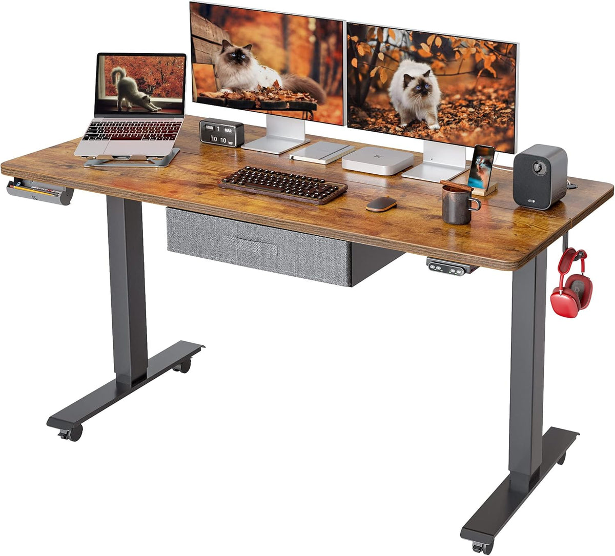 Adjustable Height Electric Standing Desk with Drawer, 55 x 24 Inches Black Steel Frame/Rustic Brown Tabletop F7405
