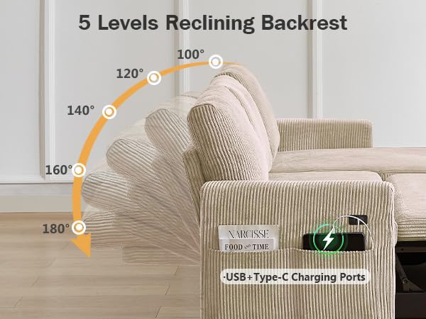 Beige Corduroy L Shaped Sleeper Sofa with Storage Chaise R116
