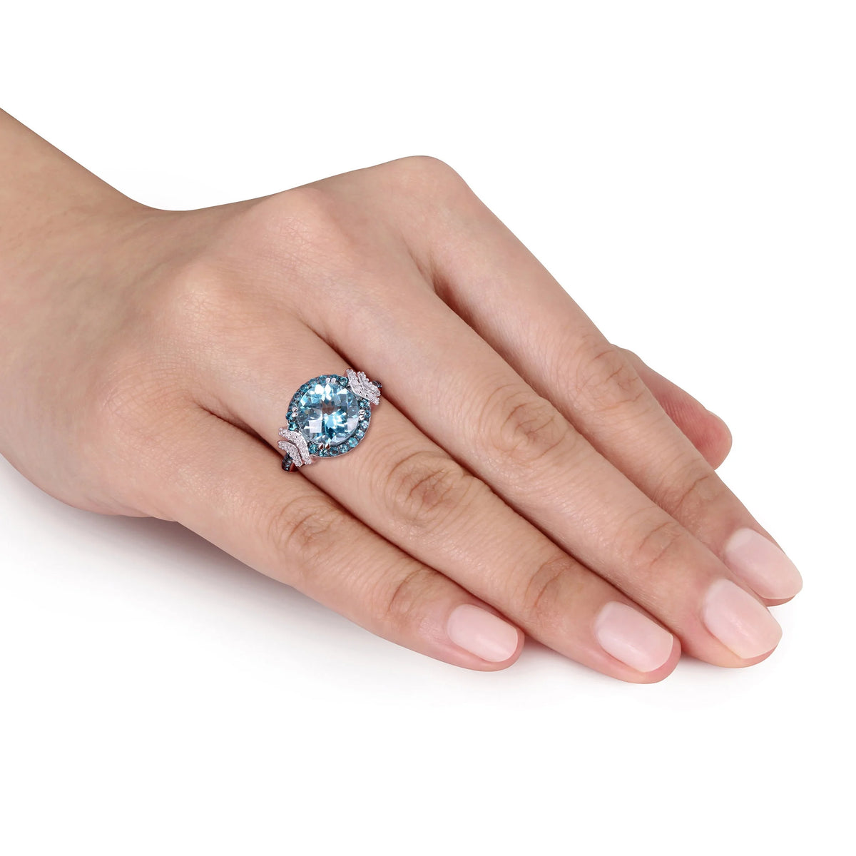 Sterling Silver Halo Bridal Set with Round Blue Topaz and Diamond E32008
