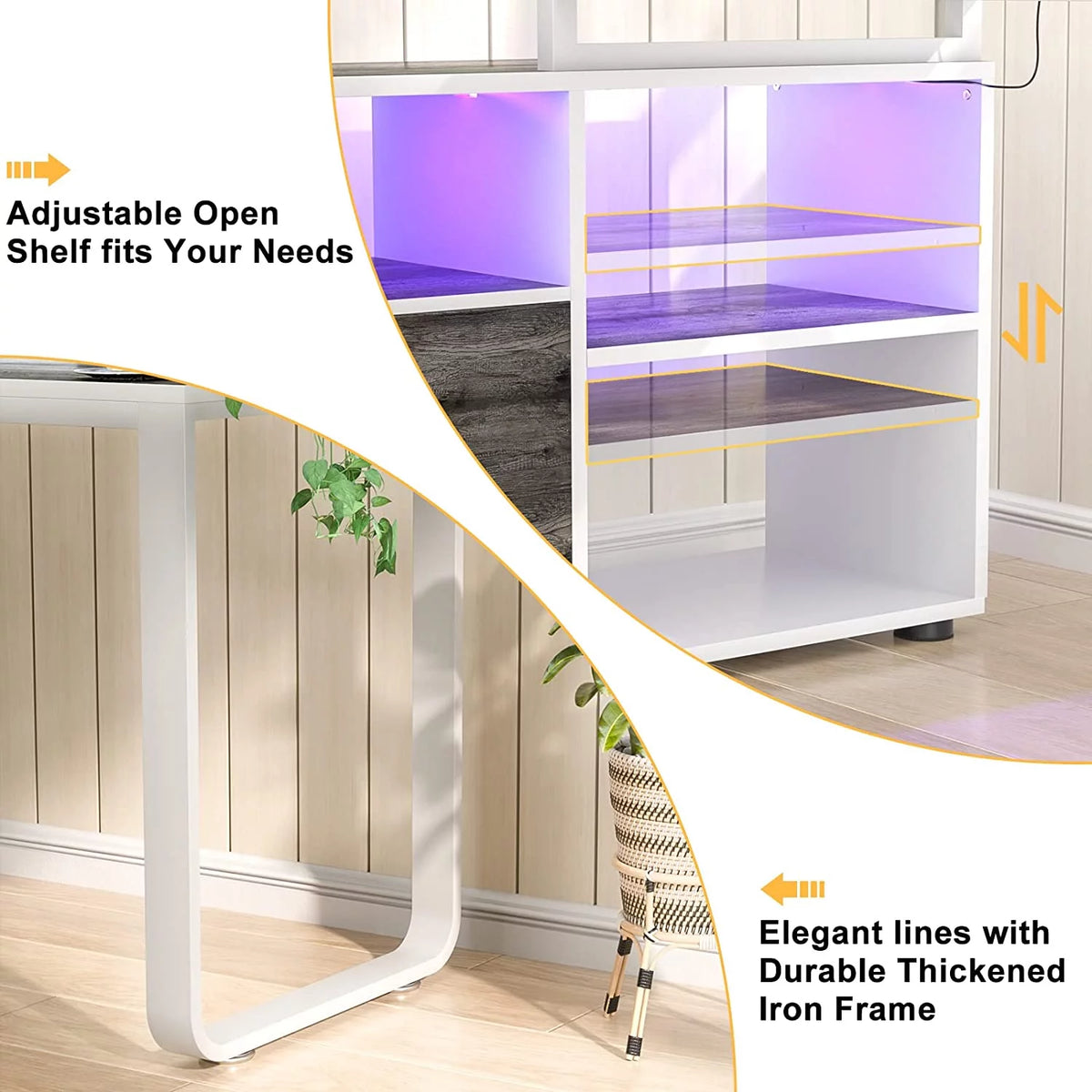 L Shaped Desk with Power Outlet and LED Strip, 55 Inch Reversible Corner Computer Desk with Drawers and Storage Shelves, Grey & White M5961
