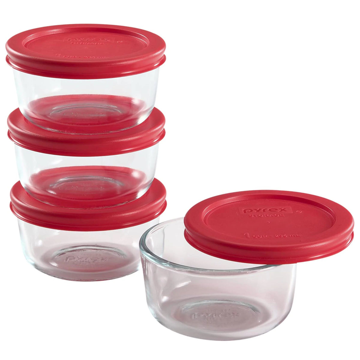 1-Cup Clear Round Glass Food Storage Bowl with Red Plastic Lid, 4-Pack K7584