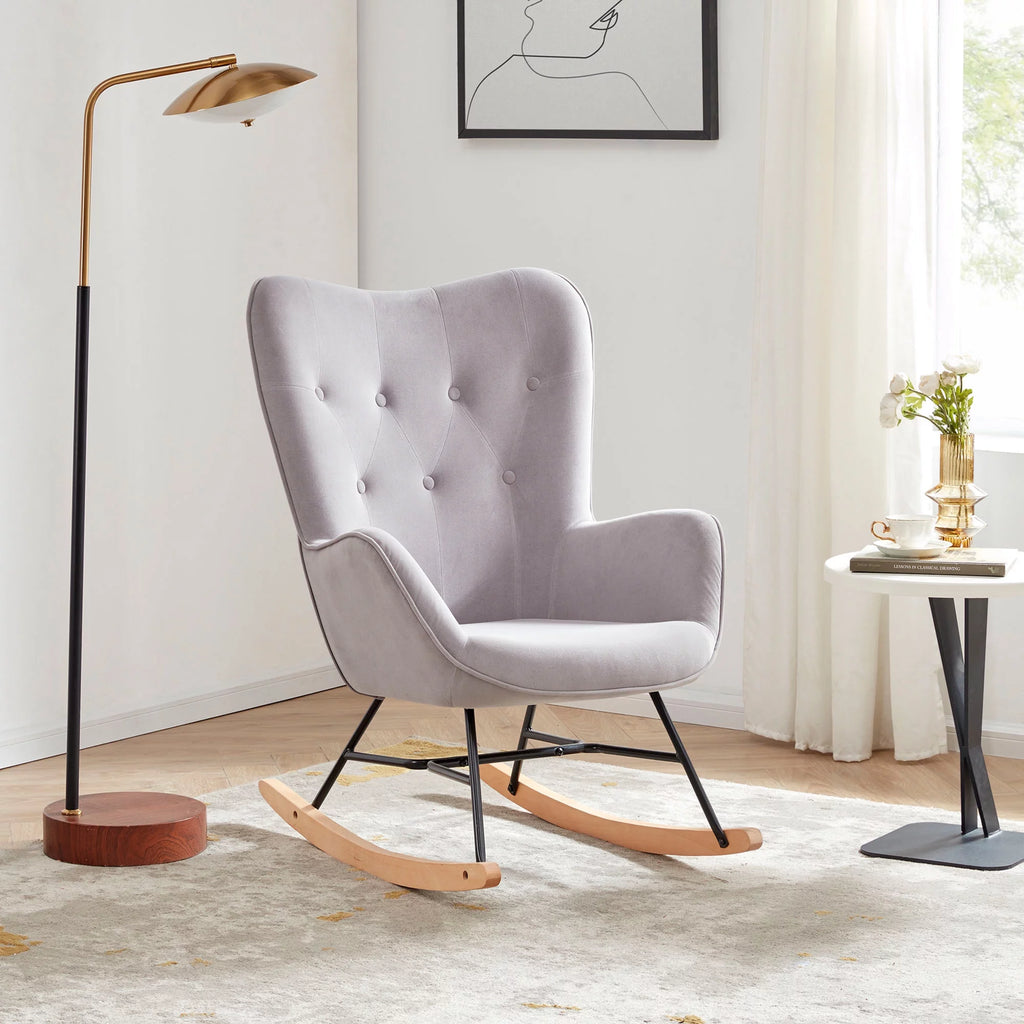Grey Velvet Upholstered Rocking Chair O35746