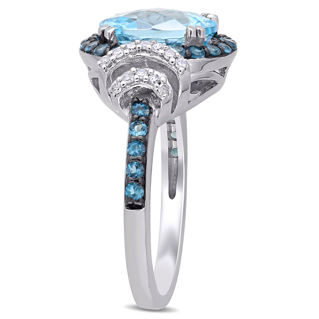 Sterling Silver Halo Bridal Set with Round Blue Topaz and Diamond E32008