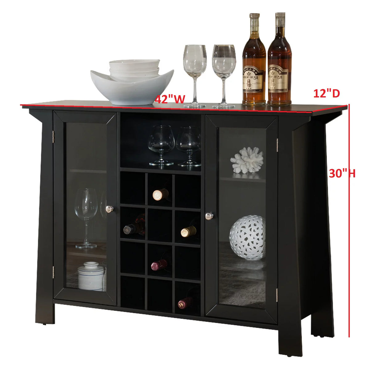 Black Wood & Glass Sideboard Buffet Bar Cabinet with Wine Rack H1129