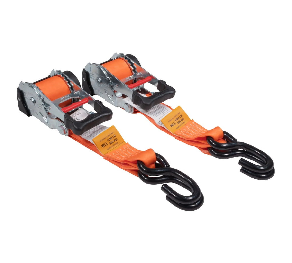 (2 Pack) Orange 2" x10' Auto Retract Ratchet Straps with Zinc Coated S Hook Tiedowns I8848