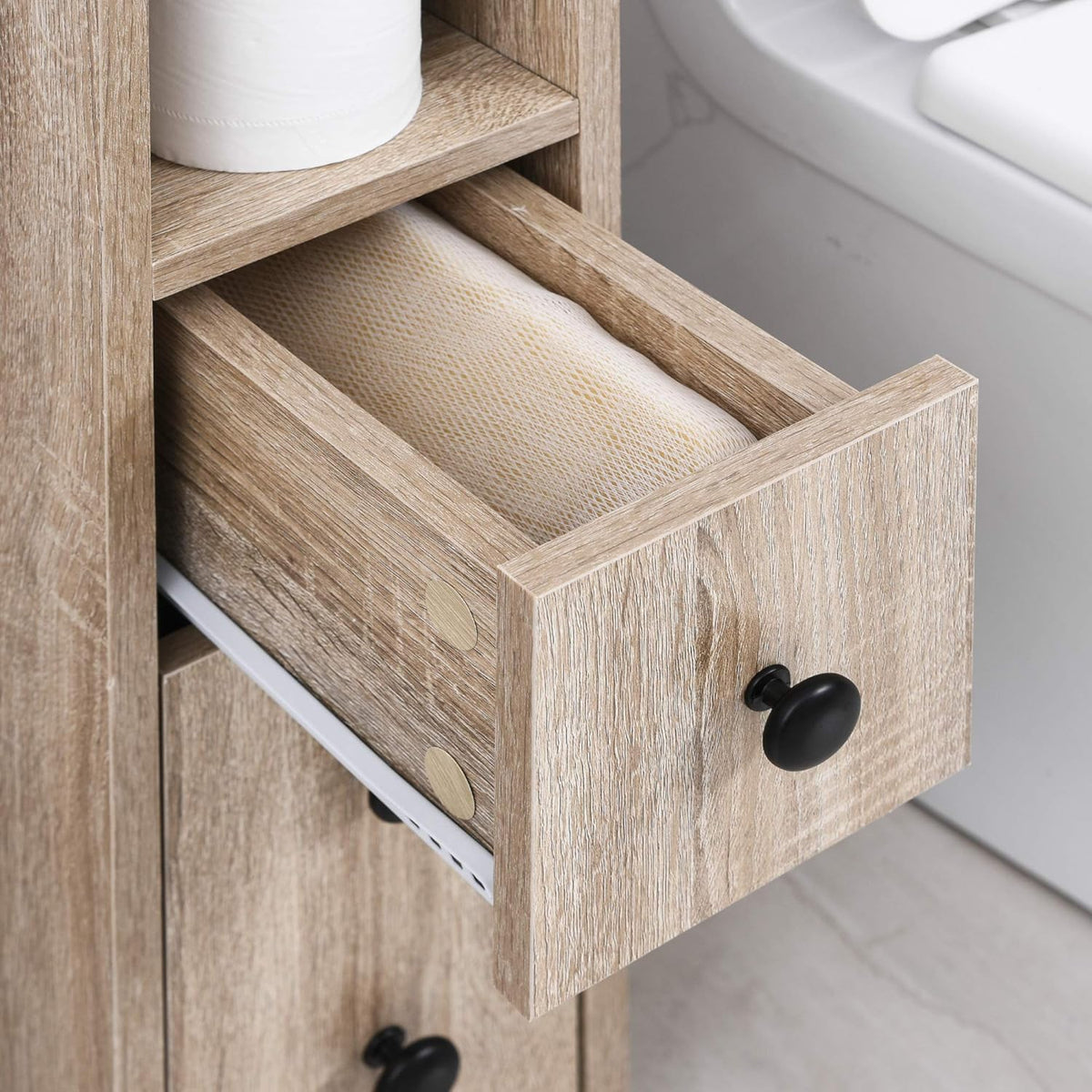 Oak Grain Color Freestanding Bathroom Cabinet with 2 Open Cabinets, 1 Door Cabinet, 1 Drawer and 4 Rolling Wheels B432600