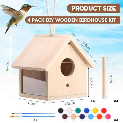 4 Set Wooden Birdhouse Kits with Lanyard and Post P4224