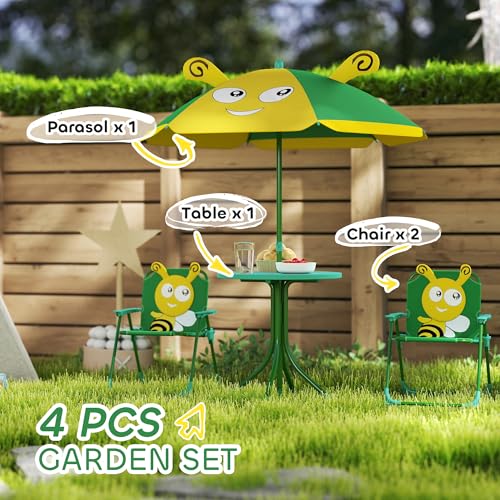 Kids Picnic Table and Chair Set with Foldable Chairs and Umbrella F59289