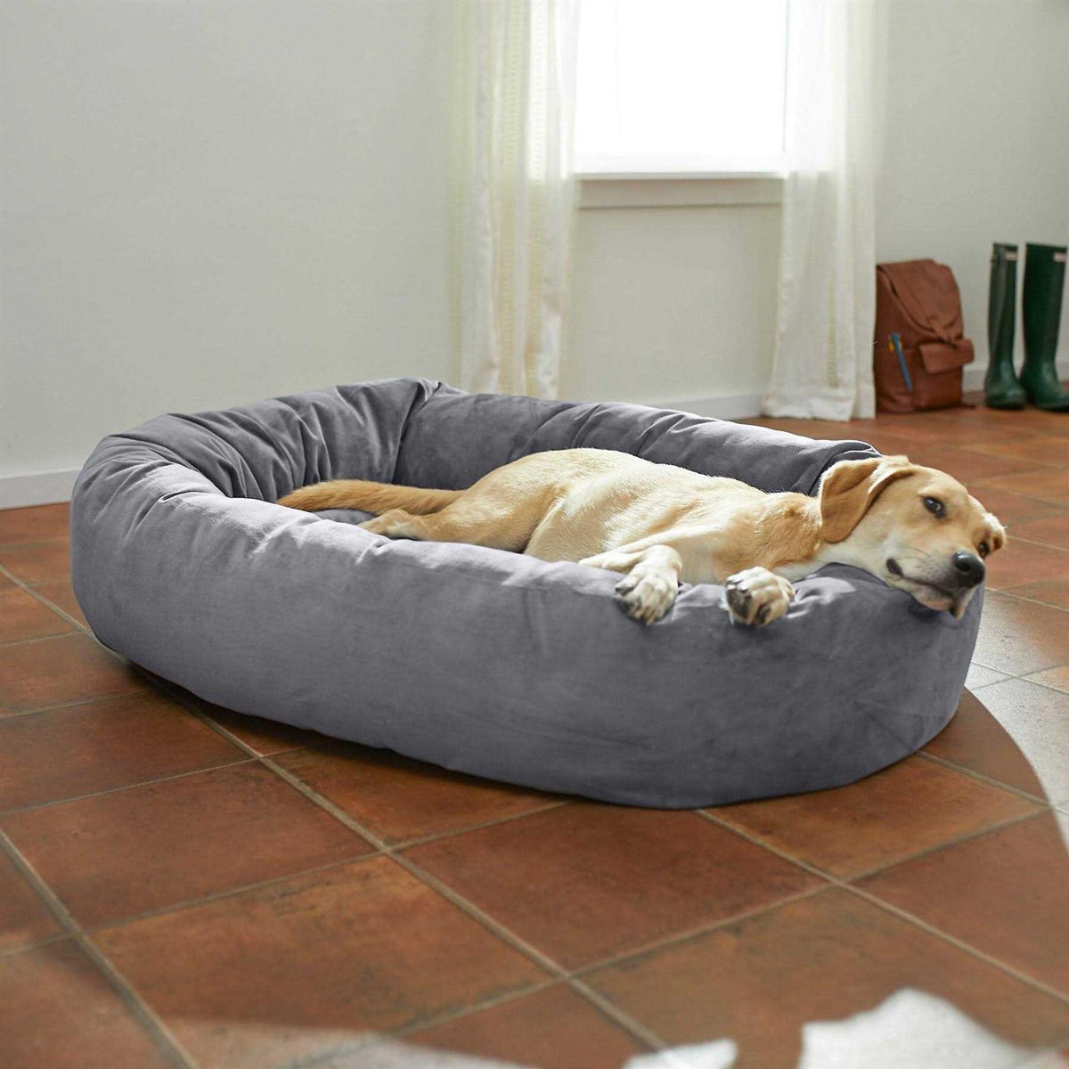 Velvet Round Bolster Dog Bed with Removable Cover S753639