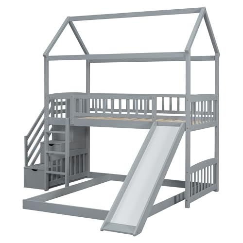 Twin Over Full Size Wood House Bunk Bed with Slide and Storage Steps Z160