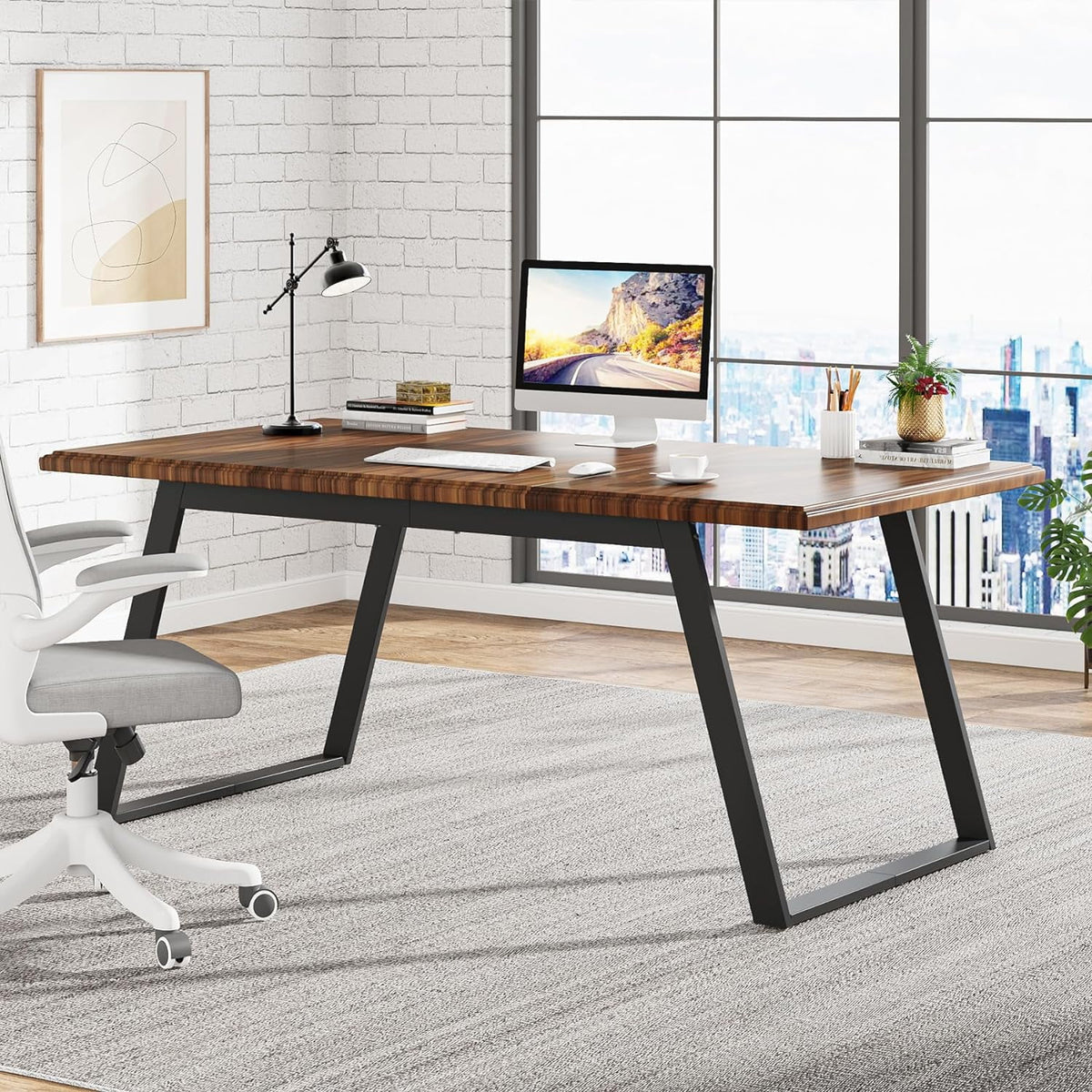 63 Inch Brown Black Office Desk with Metal G407